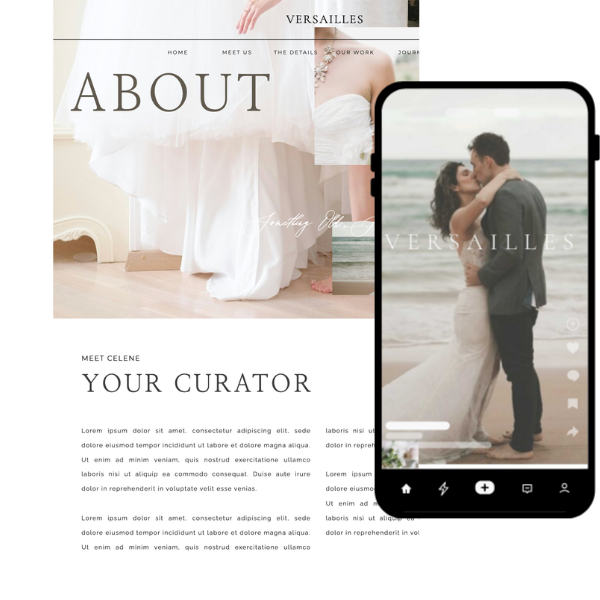 Luxury Versailles Showit wedding website template for wedding planners, photographers, venues, florists, and wedding professionals.