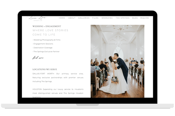 A laptop displaying a wedding photography website featuring elegant design elements and a couple sharing a kiss during their ceremony.