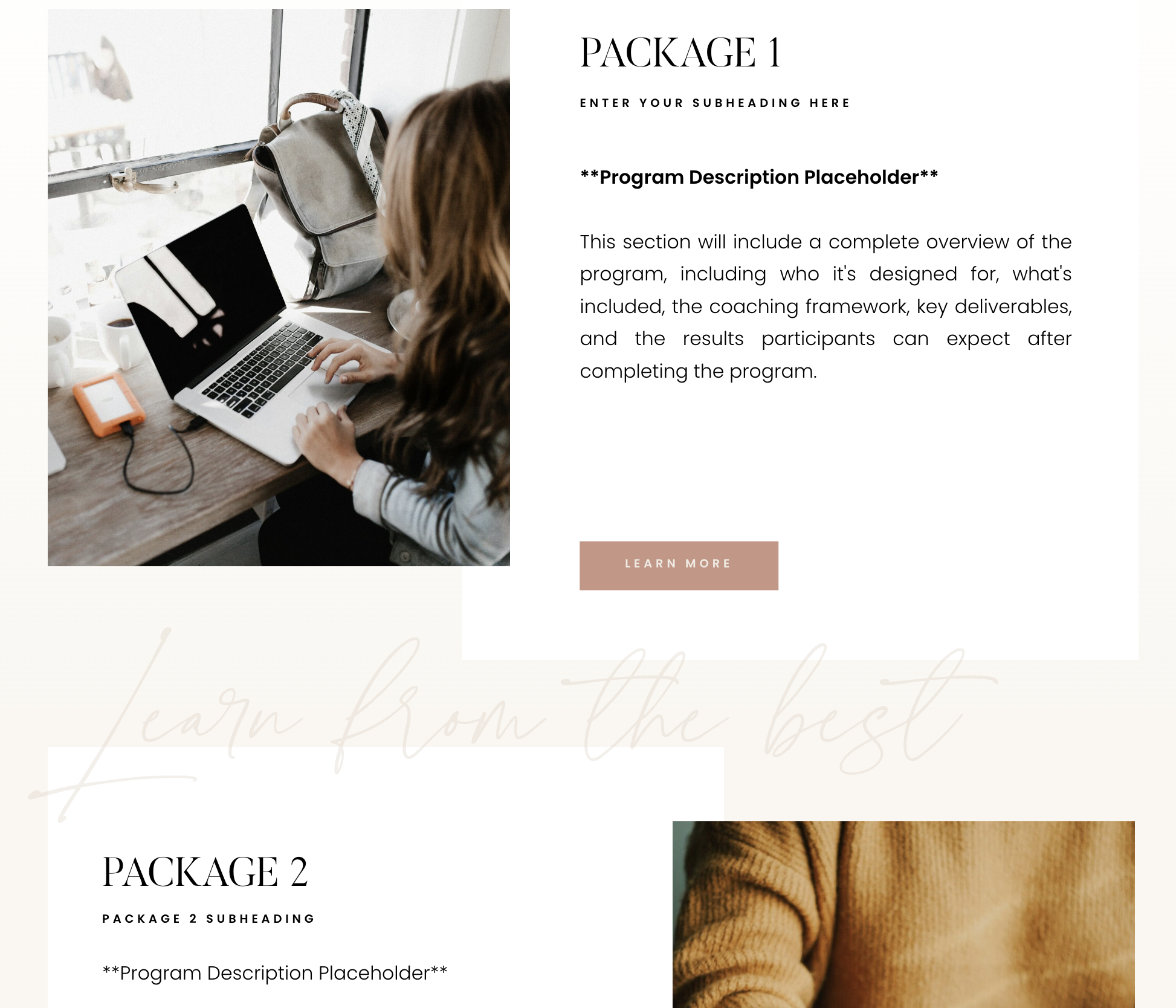 Showit website template for coaches featuring an editorial homepage design with warm neutral branding.