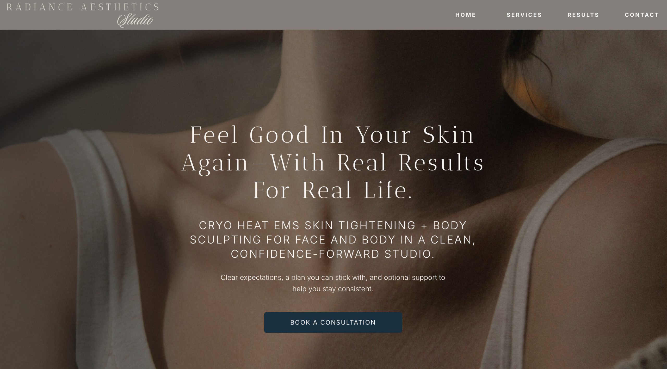 About page for the Radiant Aesthetic Showit website template.