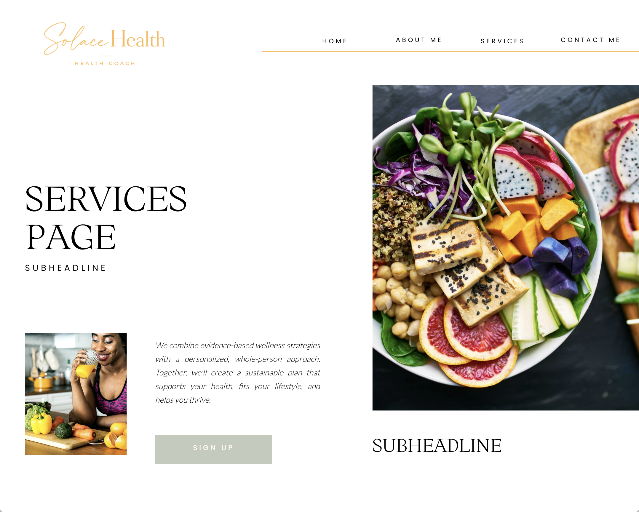 Services page of the Solace Health Coach Showit website template.
