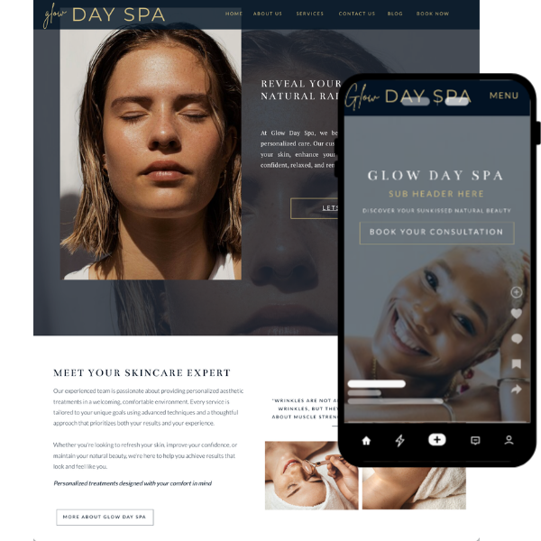 Luxury Glow Day Spa Showit website template homepage for spas, estheticians, and wellness businesses.