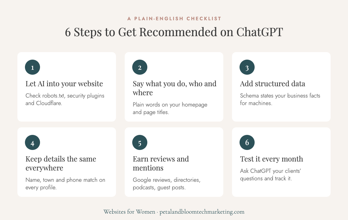 6 steps to get recommended on ChatGPT: let AI in, say what you do, add structured data, keep details consistent, earn reviews, test monthly
