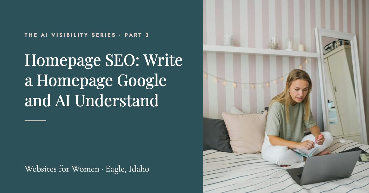 Homepage SEO: a woman writing homepage copy on her laptop so Google and AI understand her business